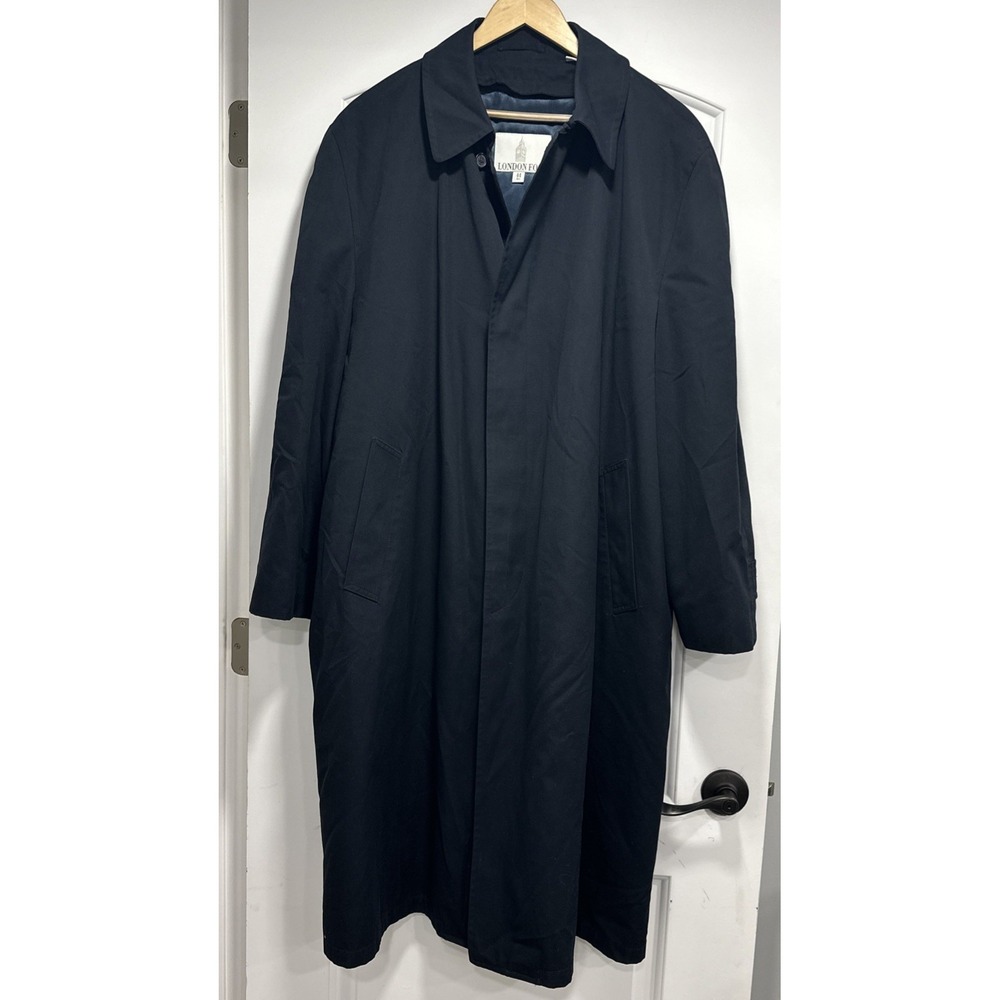 Vintage London Fog Mens Navy Blue Fly Front Raincoat Trench Coat Jacket 44